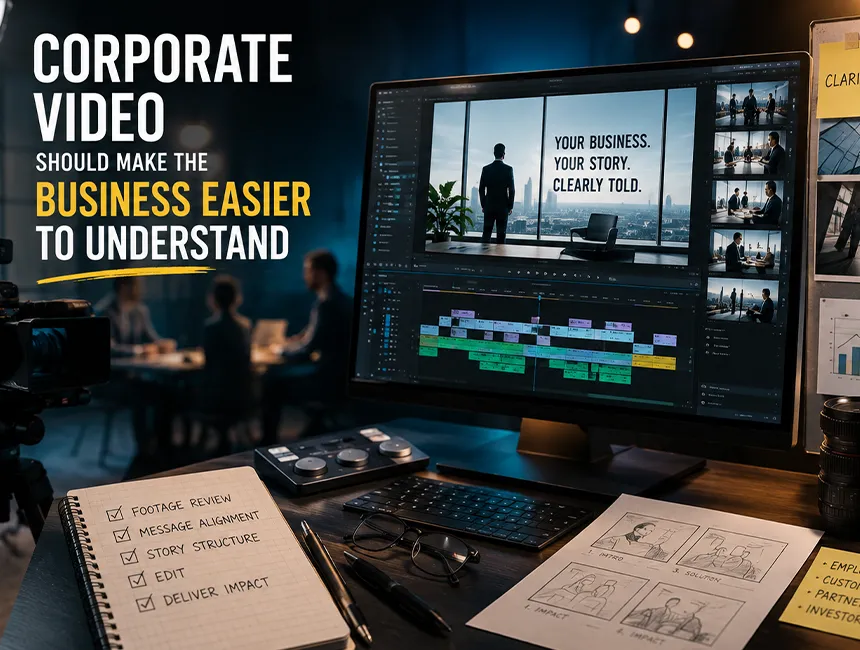 Corporate video editing timeline with interview, brand and approval workflow