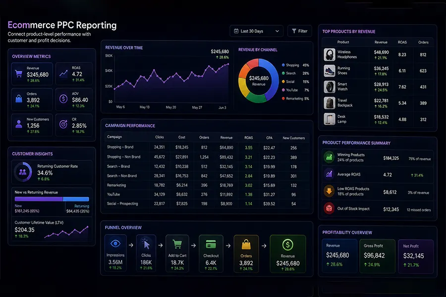 Ecommerce PPC reporting dashboard for products, revenue, customers and budget