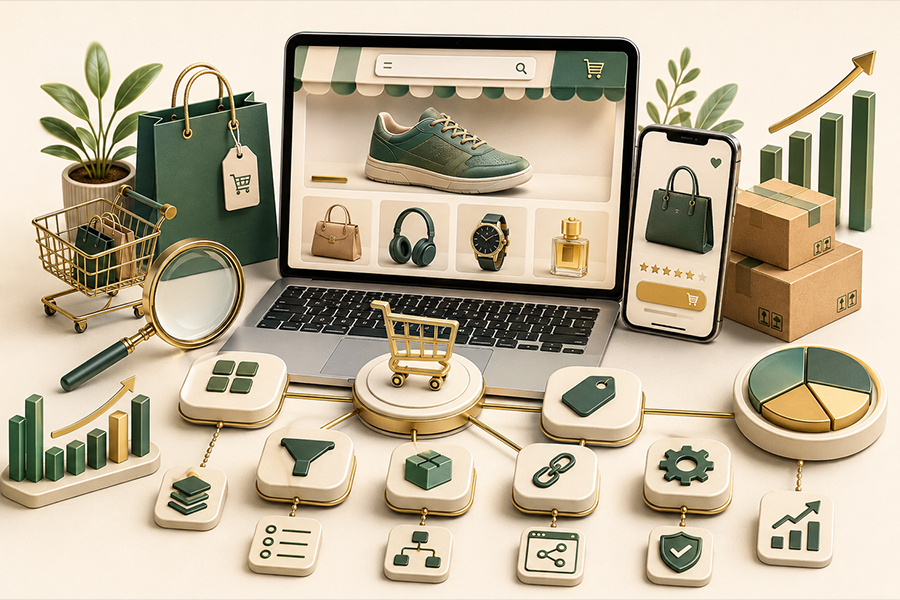 Ecommerce SEO overview showing category, product and revenue performance
