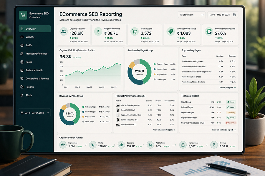 Ecommerce SEO reporting dashboard with revenue and catalogue visibility