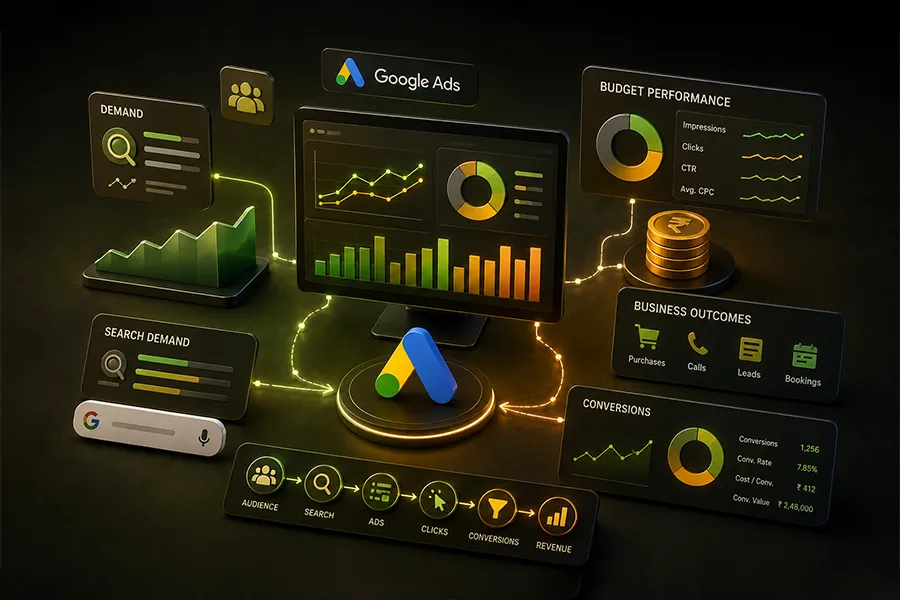 Google Ads reporting dashboard for search terms, conversions and budget
