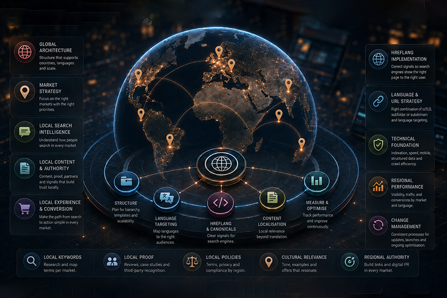 International SEO overview showing countries, languages and market performance