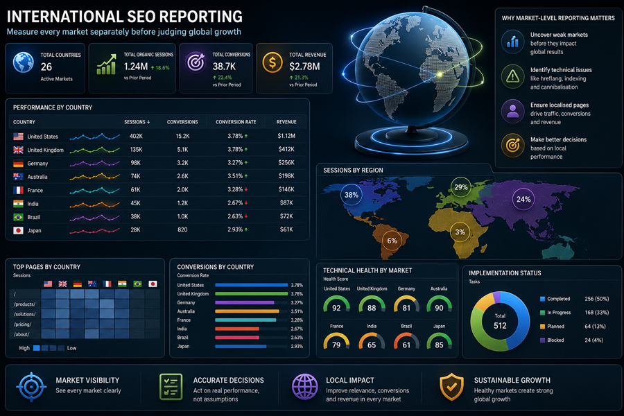 International SEO reporting dashboard by country and language