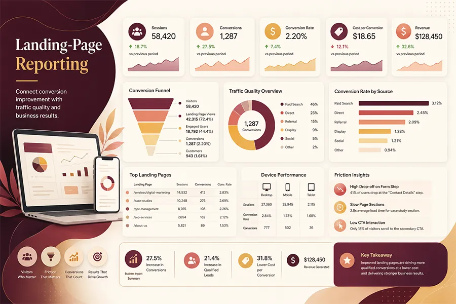 Landing page optimization dashboard for traffic, conversion and experiments