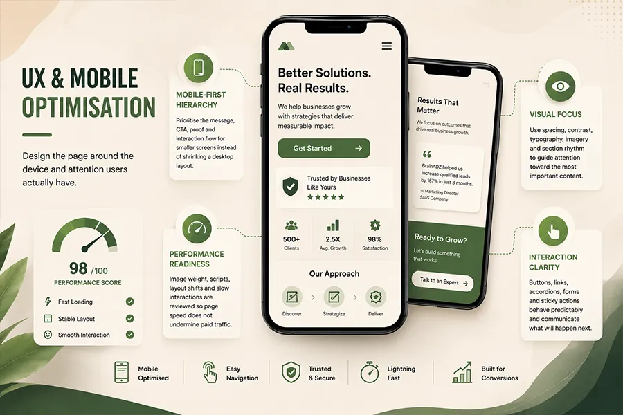 Mobile landing page UX, visual hierarchy and conversion interaction