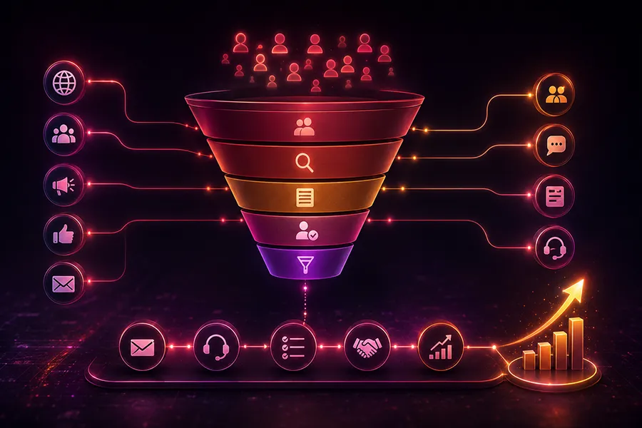 Lead generation funnel from paid media to qualified CRM opportunities