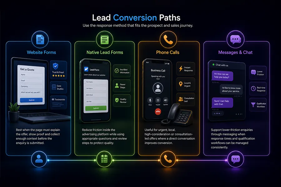Lead generation through website forms, native forms, calls and messages