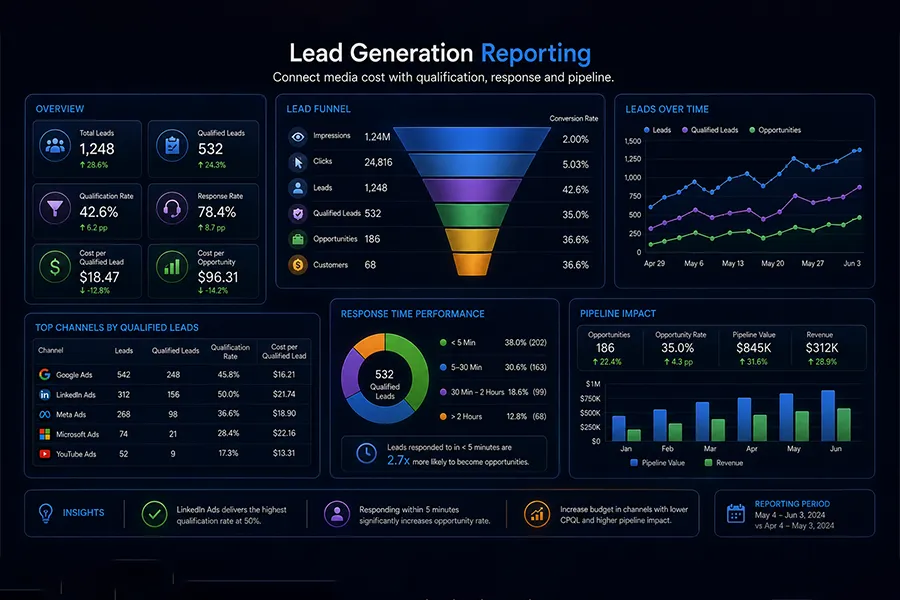 Lead generation reporting dashboard for channels, qualification and pipeline
