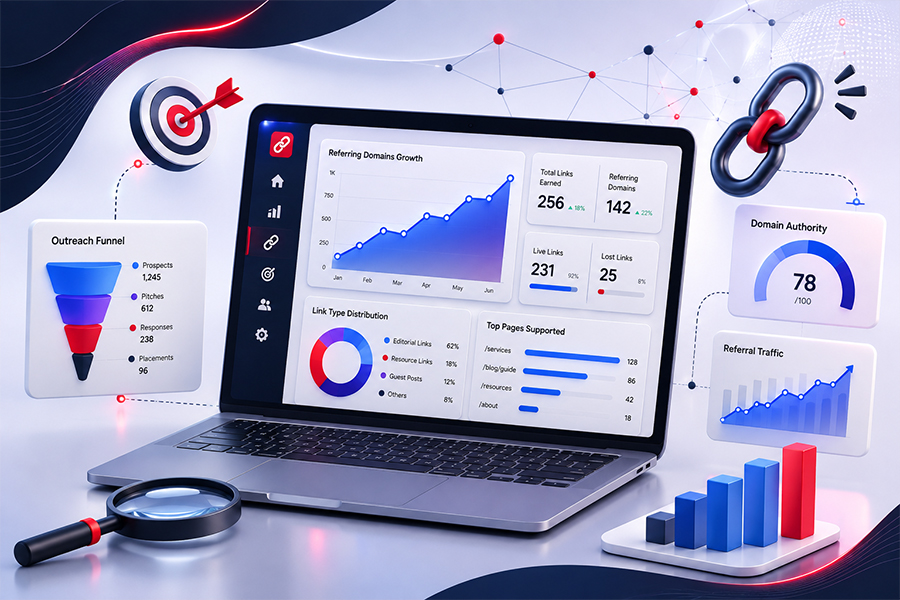 Link building reporting dashboard showing earned links outreach and authority growth