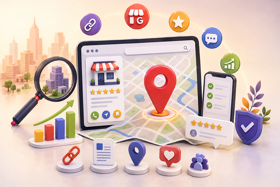 Local SEO overview showing map rankings and business visibility