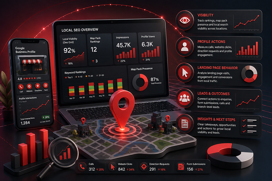 Local SEO reporting dashboard with map rankings and lead tracking