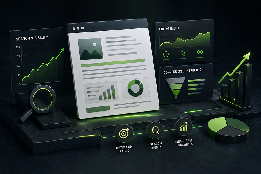 On Page SEO reporting dashboard showing rankings, clicks and conversions