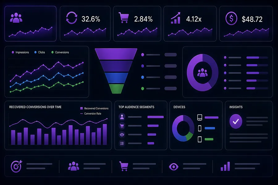 Remarketing Ads reporting dashboard for audiences, frequency and recovered conversions