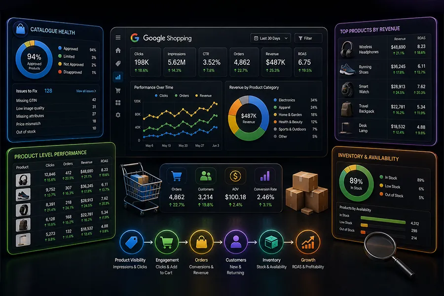 Google Shopping reporting dashboard for product health, revenue and budget