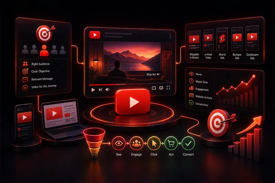 YouTube Ads campaign dashboard showing views, audiences and conversions