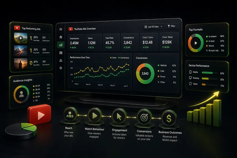 YouTube Ads reporting dashboard for views, watch time and conversions